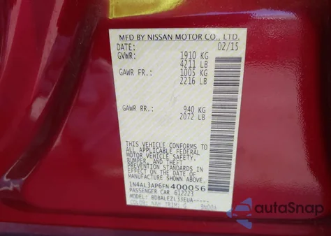 2015 Nissan Altima 2.5/2.5 S/2.5 Sl/2.5 Sv from USA, damaged, VIN 1N4AL3AP6FN400056